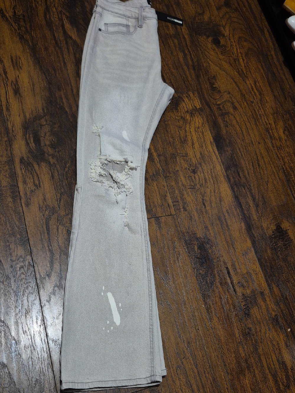 Men's Light Gray Bootcut Ripped Jeans - Picture 3 of 4